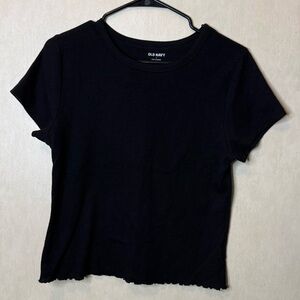 Old Navy Women's Black Waffle Knit Top Lettuce Hem Casual